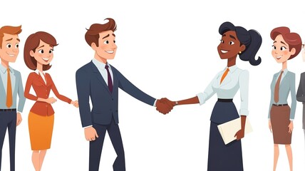 Fototapeta premium Business partners shaking hands in a flat cartoon design, isolated on a white backdrop. 