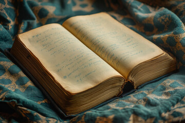 Obraz premium An antique book with aged, yellowed pages rests open on a teal patterned fabric. The handwritten text hints at a personal journal or diary.