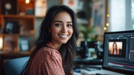 Video editing software or program opened on a laptop device monitor display screen placed on a table or desk in a home room or office interior, daytime sunlight, movie sequence, freelance work.