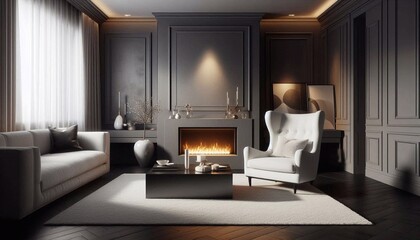 Elegant Living Room with Anthracite Walls and White Armchair by the Fireplace