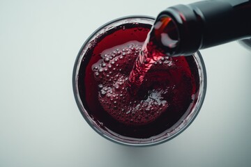 Red wine pouring into a glass from a bottle on a white background.