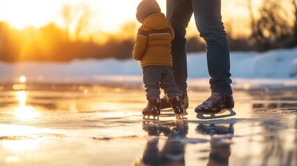 father teaching his young son how to ice skate on a frozen lake