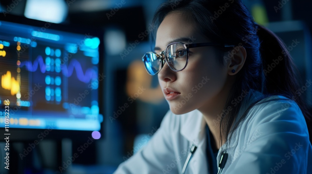 Leinwandbilder a woman wearing glasses and a lab coat intently examines data displayed on a computer screen in a co