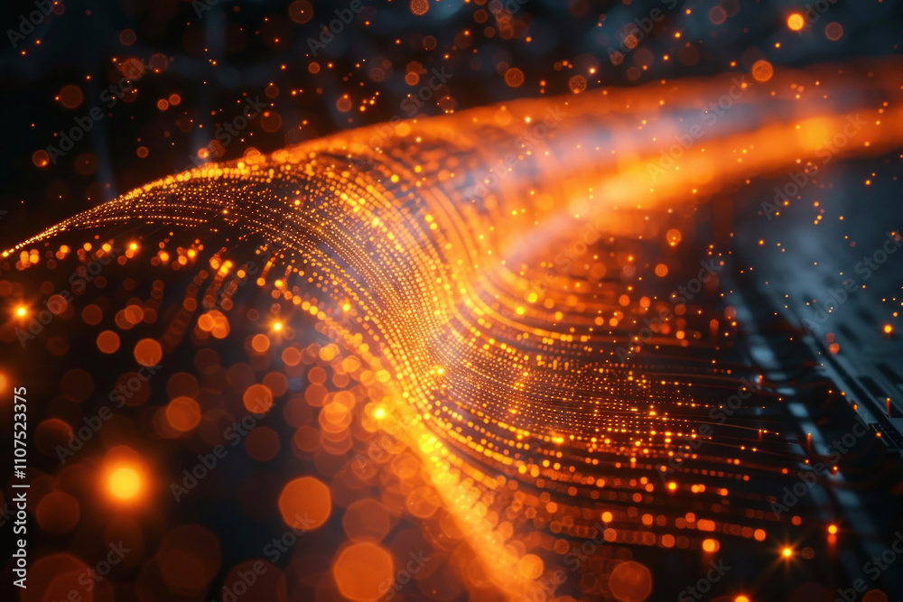 Poster an abstract scene with bright orange light lines and dots that gently curve and intersect, creating the illusion of movement and depth.  