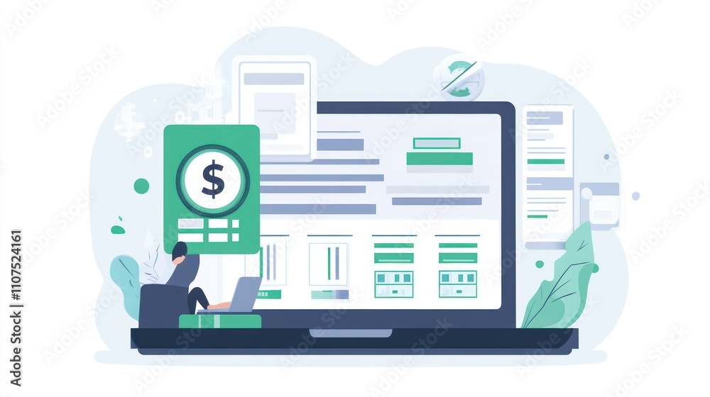 Poster Digital illustration of financial management on a laptop with graphs and currency symbols.