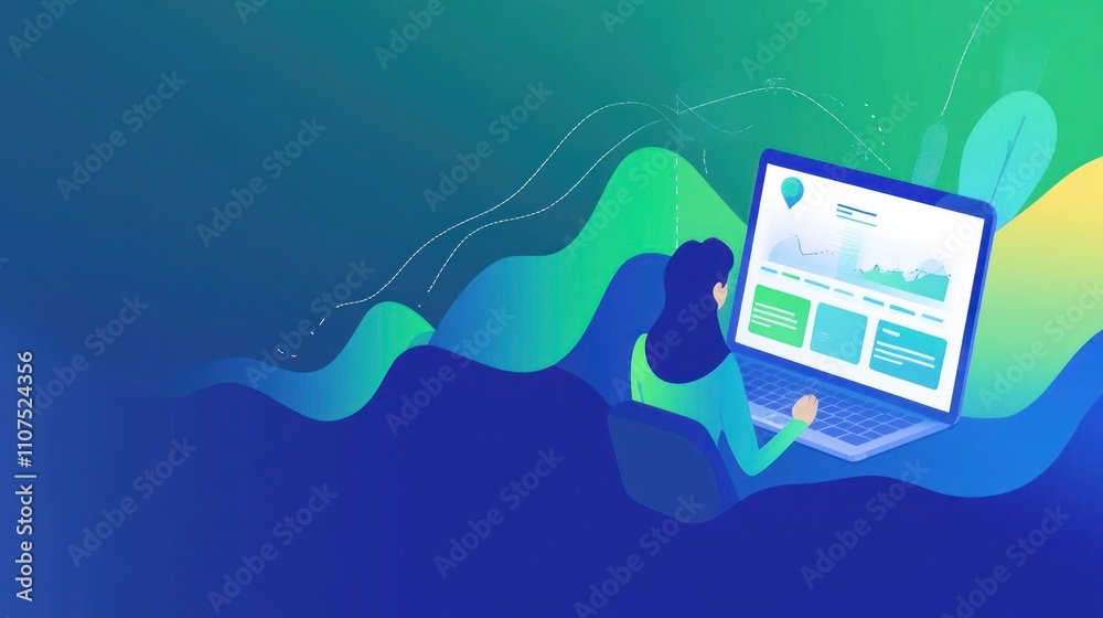 Poster A digital illustration of a person using a laptop with data visualizations.