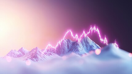 Surreal Mountain Landscape with Abstract Financial Chart Overlaying Peaks