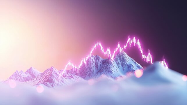 Surreal Mountain Landscape with Abstract Financial Chart Overlaying Peaks