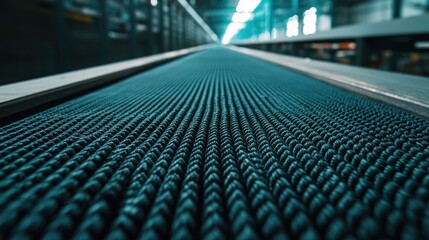 Naklejka premium Industrial conveyor belt in operation manufacturing facility technology showcase indoor environment low angle view efficiency concept