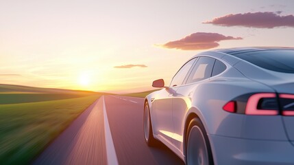 Obraz premium Serene Sunset Drive: A Modern Electric Car Journeying Through Nature