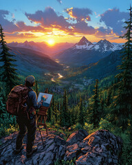 Artist paints scenic sunset mountain valley landscape.