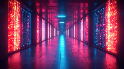 High-tech data center hallway illuminated by vibrant neon lights showcasing modern computing technology. Generative AI