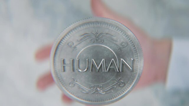 A hand flips a coin marked AI and Human, spinning toward the camera in slow motion