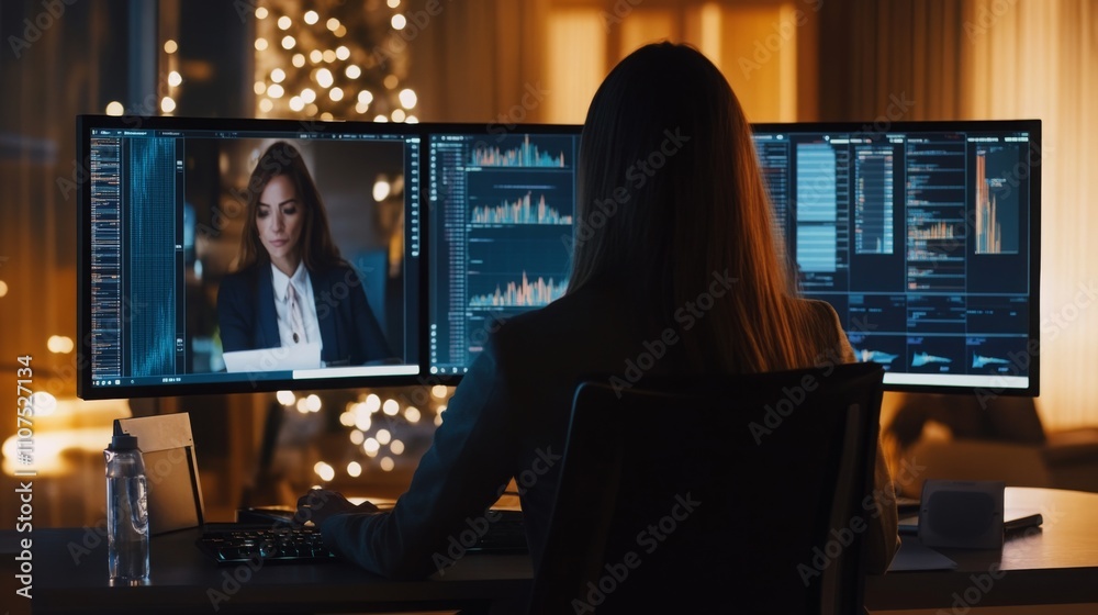 Poster A woman sits at a desk, focused on dual computer monitors displaying various data analysis visuals.