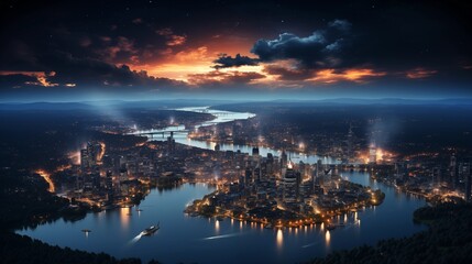 Fototapeta premium Panoramic view on planet Earth globe from space. Glowing city lights, light clouds