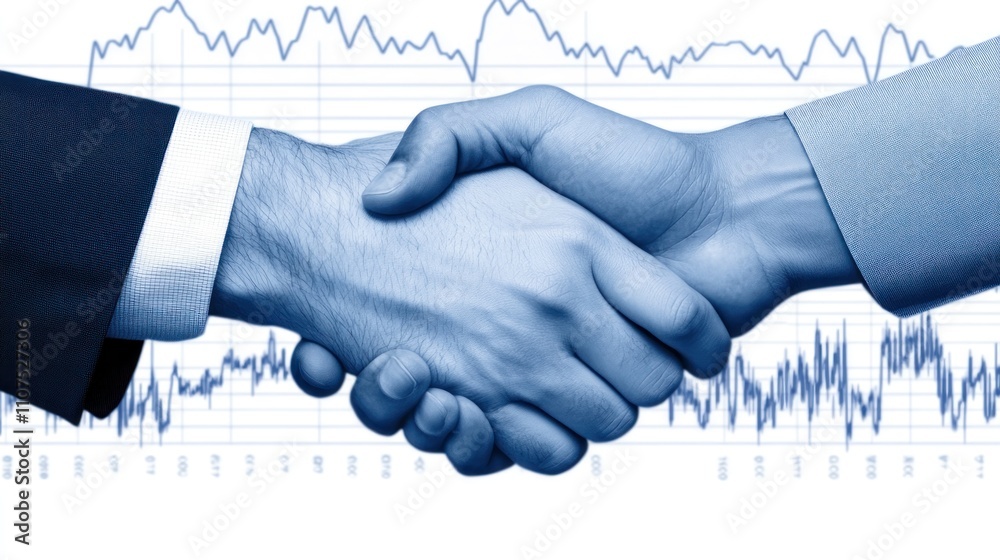 Aufkleber a handshake symbolizes partnership against a backdrop of financial data.