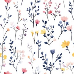 Vibrant floral pattern featuring delicate blooms and greenery on a light background