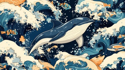 A vibrant cartoon japanese style pattern showcasing energetic dolphins and whales leaping out of the ocean, surrounded by splashing waves, colorful fish, and tiny sailboats, The background combines