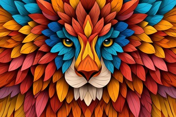 Obraz premium A vibrant, artistic depiction of a lion's face, showcasing intricate patterns and bold colors resembling feathers or leaves.