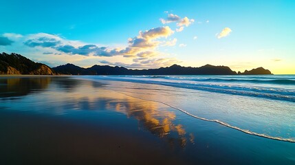 Fototapeta premium A stunning beach view taken with a DSLR camera using a wide-angle lens at ISO 100 natural light emphasizing the vibrant blue sky and waves during golden hour with a low angle shot 