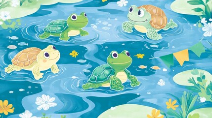 Fototapeta premium A cute cartoon japanese style pattern showing active frogs and turtles racing along a riverbank with tiny flags, fish, and floating leaves, The background features blues, greens, and yellows, giving
