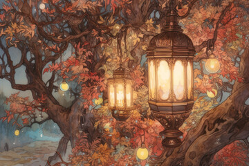 Obraz premium magical forest landscape in autumn colors. In the foreground are two antique lanterns hanging from the branches of a tree. 