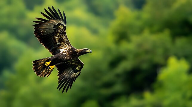 Fototapeta A wildlife photo of an eagle in mid-flight captured using a telephoto lens sharp details ISO 800 for motion clarity with panning background blur accentuating movement 