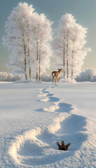 Deer in snowy field with footprints leading to it.