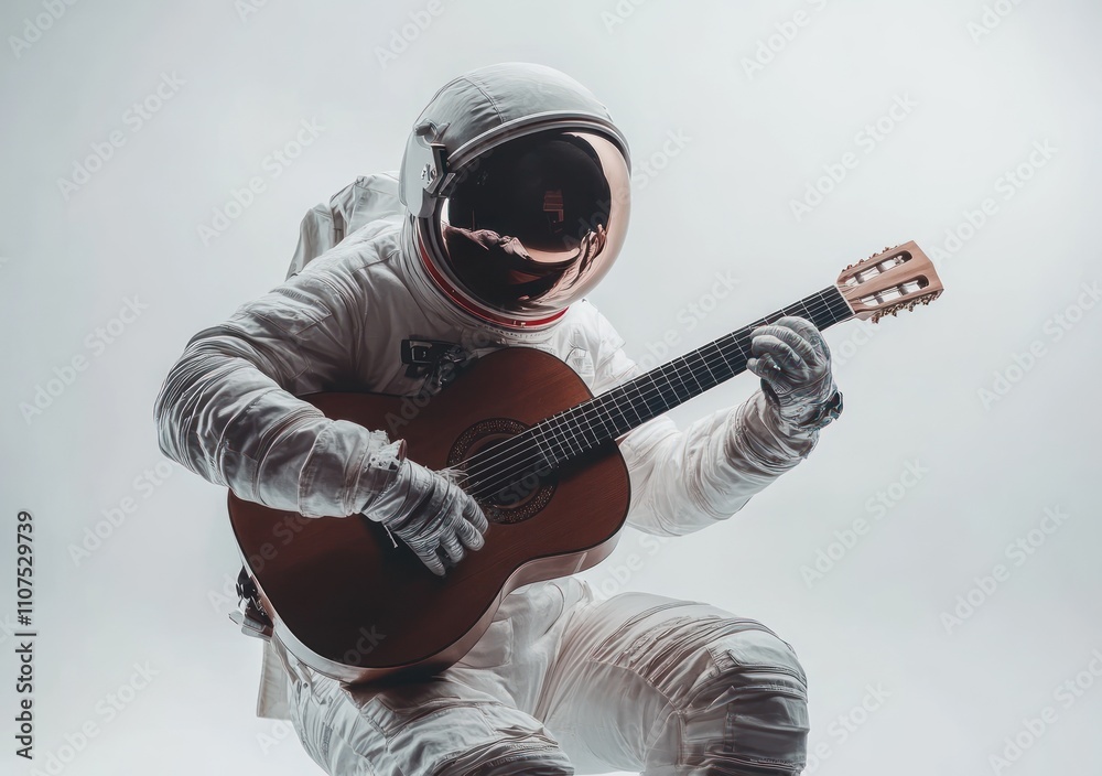 Poster an astronaut playing a guitar in a minimalist setting, blending space and music themes.