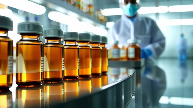 Medicine storage: bottle containers with clean white labels essential for pharmacology production, reflecting accurate labeling in the laboratory industry to maintain quality, transparency, and trust.