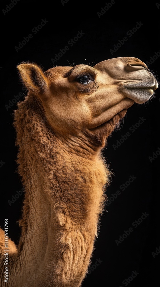 Poster close-up of a camel's head against a dark background, highlighting its features.