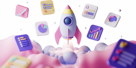 3D Rocket Launching with Business Data Icons Startup Success