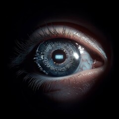 Naklejka premium print of an eye android-inspired eye with a metallic silver iris, holographic displays flickering within the pupil, smooth robotic skin around the eye, black background, Photorealistic