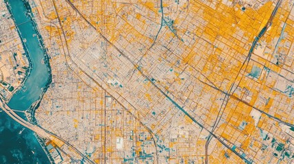 Obraz premium Aerial view of a city, showcasing a dense network of roads and buildings in warm, earthy tones. The image offers a unique perspective on urban planning and infrastructure.