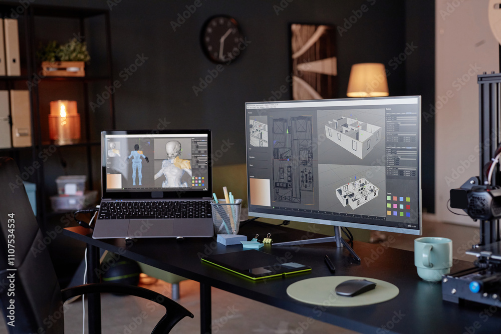 Poster Modern office workspace with dual screens displaying 3D digital models and illustrations. Convenient office setup including stationery, coffee mug, and tech gadgets for efficient workflow