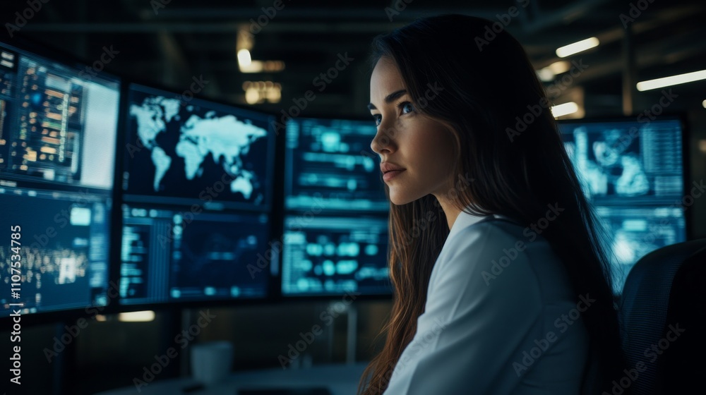 Aufkleber a young woman is focused on multiple large screens displaying data and graphics. she is in a high-te