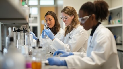 Fototapeta premium diverse team of scientists working in a state-of-the-art lab with bioreactors, developing eco-friendly materials under bright laboratory lighting for a high-tech, sustainable look