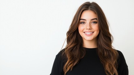 Fototapeta premium Young Woman with Long Hair Smiling Against a Neutral Background