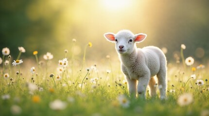 Obraz premium Lamb standing in flower meadow during Easter with copy space
