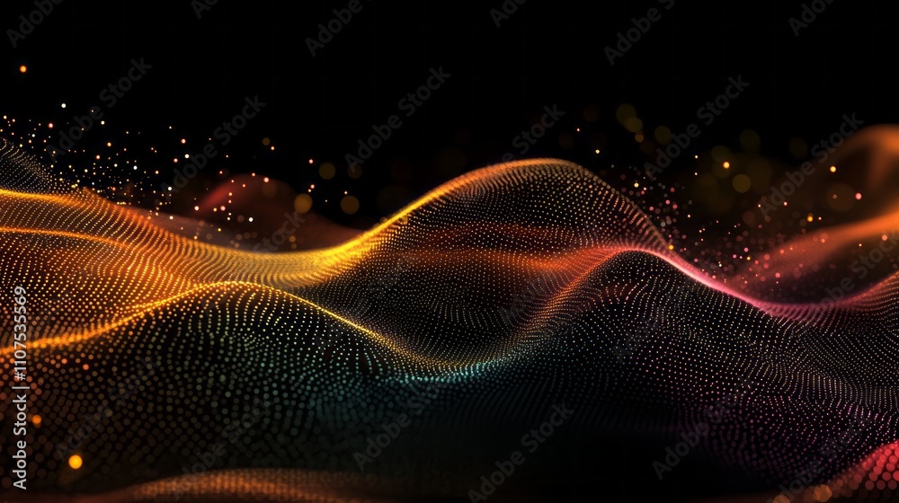 Poster abstract technology background featuring dynamic neon wave of particles with gradient colors, showca