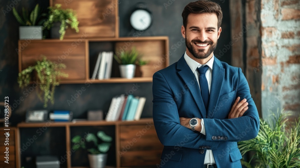 Poster a smiling man in a suit stands confidently in a modern office setting.