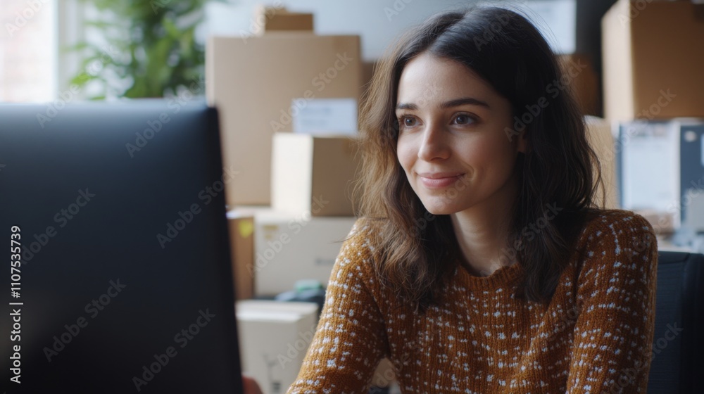 Poster a woman with long, dark hair smiles while sitting at a desk, engaged with a computer screen. boxes a