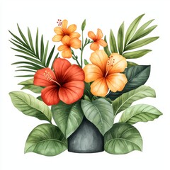Obraz premium A vibrant bouquet featuring tropical hibiscus flowers and lush green leaves in a stylish vase.