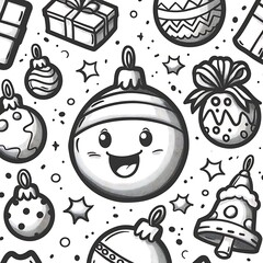 Cheerful monochrome Christmas ornaments and gift seamless pattern.