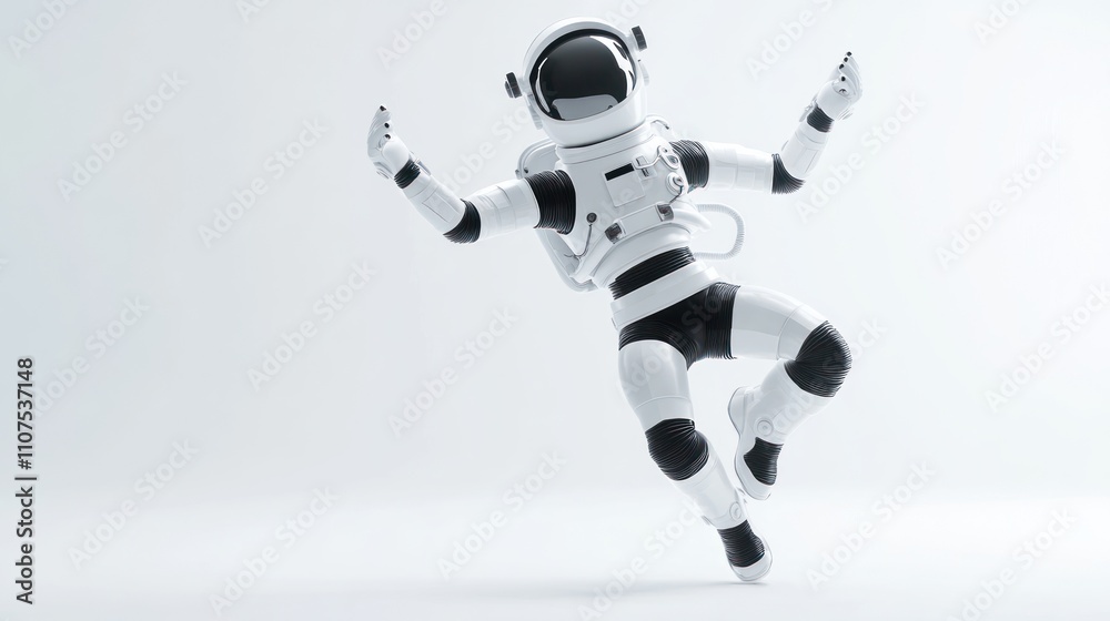 Fototapete a futuristic robot in an astronaut suit appears to float in a minimalistic environment.