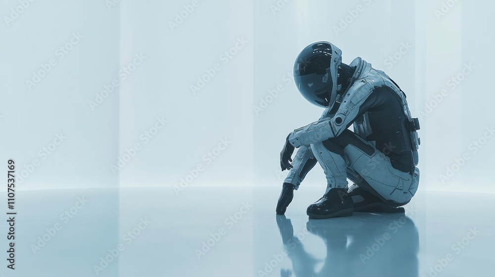 Aufkleber a humanoid figure in a futuristic suit sits in a minimalist, illuminated space.