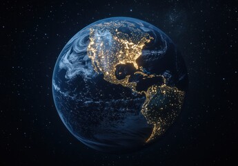 Stunning View of Earth from Space at Night Showing North and South America Illuminated by City Lights Against a Starry Background