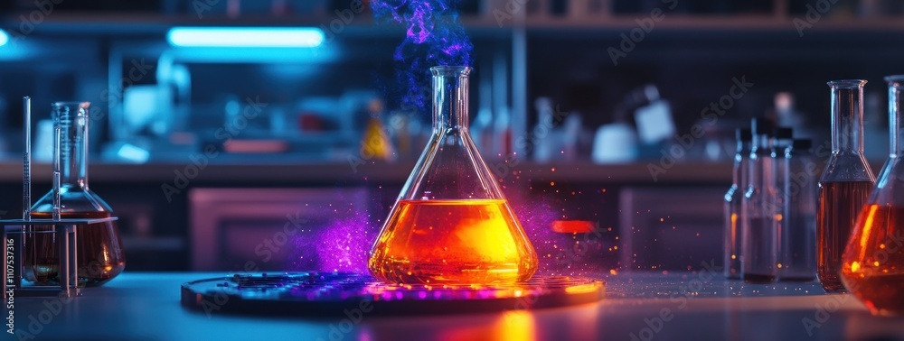 Poster A glowing flask with colorful liquid and smoke in a modern laboratory setting.