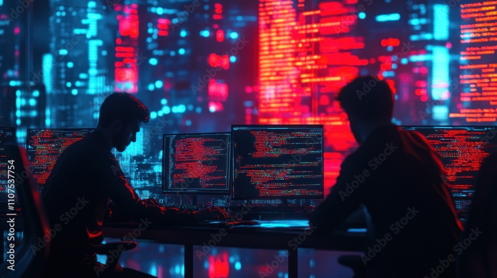 Poster Two individuals working on computers in a futuristic, data-driven environment.