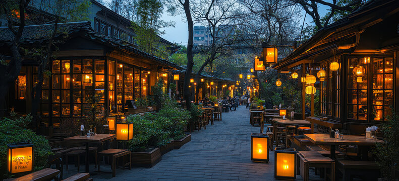 Xintiandi Evening Street Scene with Shikumen Architecture and Atmospheric Lighting